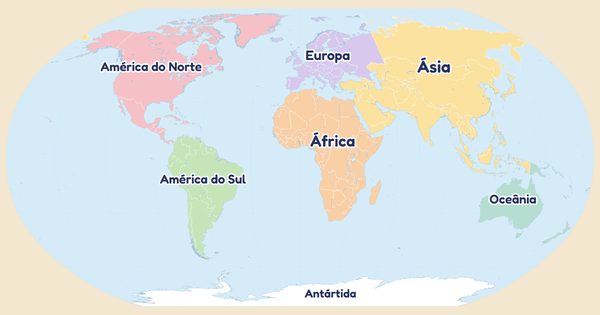 Mapa-mundo com os continentes pintados de cores diferentes