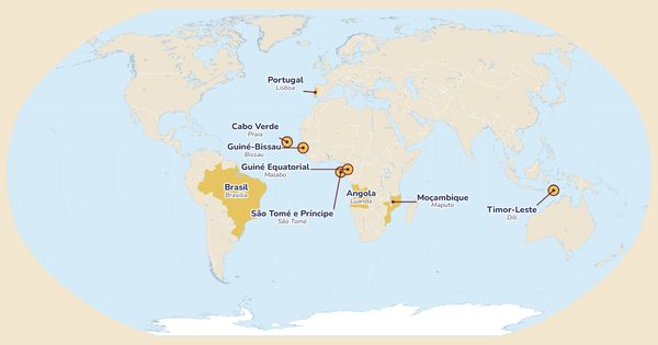 Mapa-mundo com os 9 países de língua portuguesa destacados a dourado