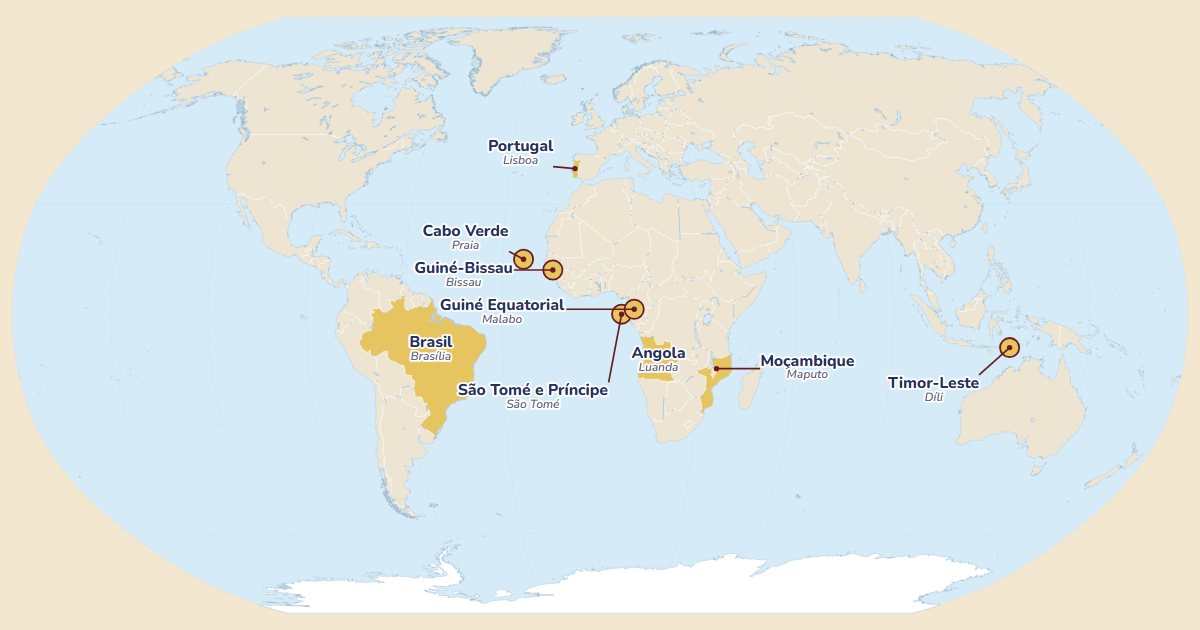 Mapa-mundo com os 9 países de língua portuguesa destacados a dourado