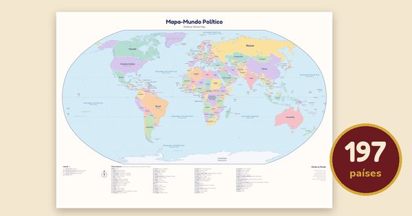 Mapa-mundo político com o número 197 países