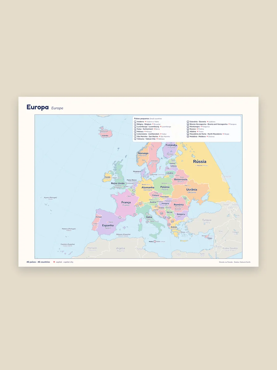 Mapa da Europa com os Açores, a Madeira e as Canárias