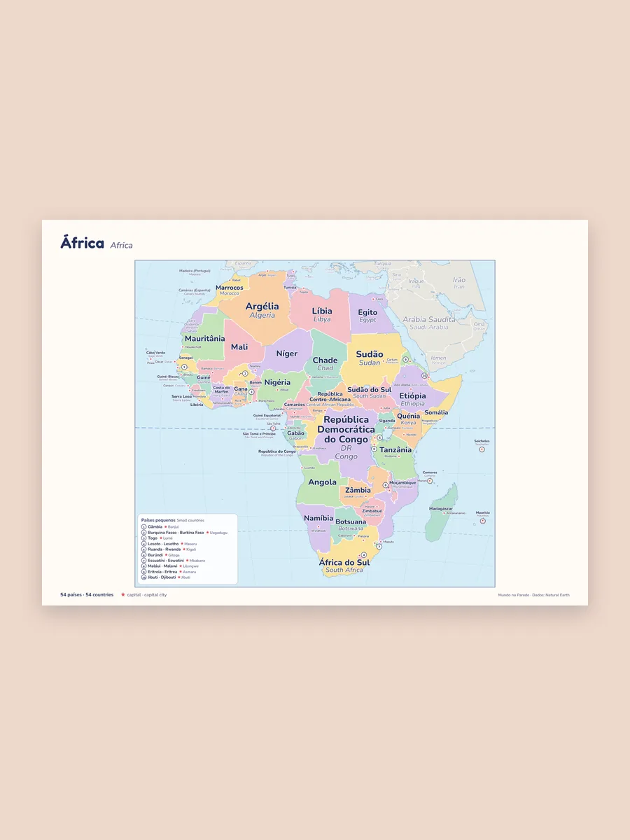 Mapa de África com 54 países e capitais