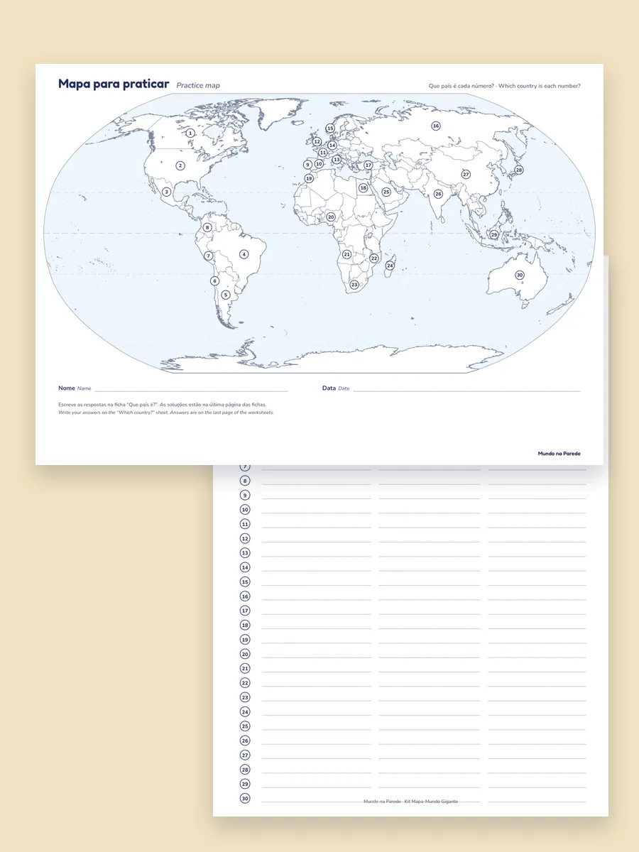 Mapa em branco com países numerados e ficha Que país é