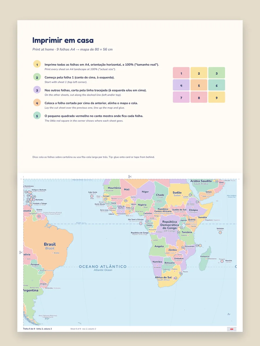 Instruções e uma das 9 folhas A4 do mapa para imprimir em casa