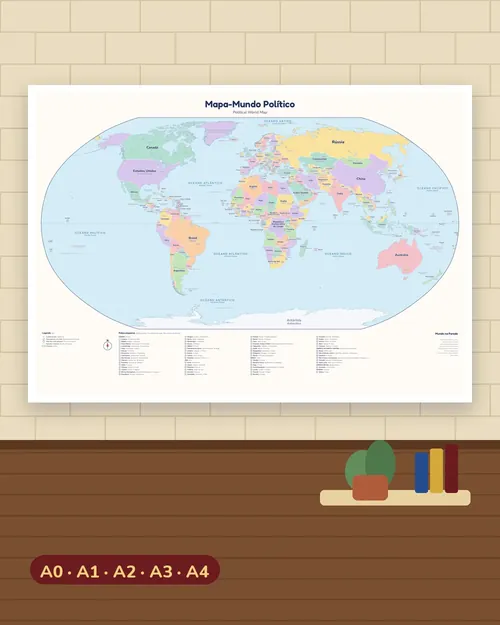 Mapa-mundo político em cores pastel na parede de um quarto