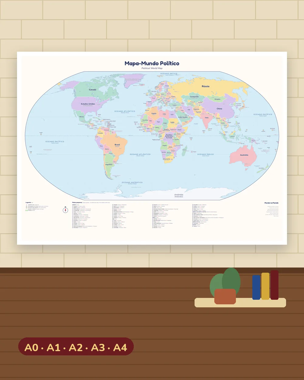 Mapa-mundo político em cores pastel pendurado na parede de um quarto