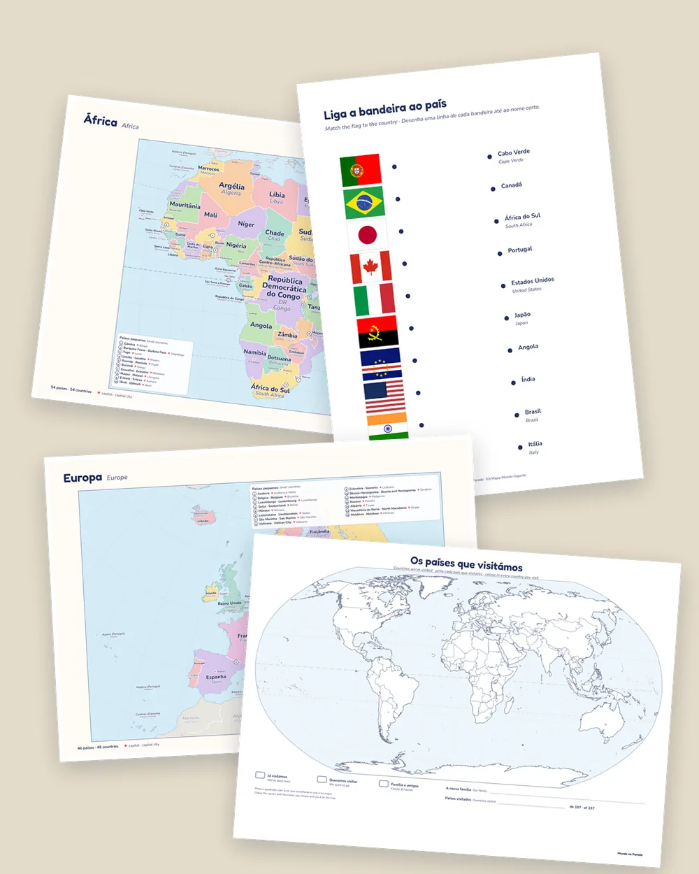 Mapas de África e da Europa, ficha das bandeiras e mapa dos países visitados